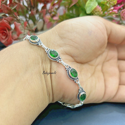 VALENTINO Bracciale Pietra Gemma Smeraldo Argento Sterling 925 Fatto a Mano Elegante TT0