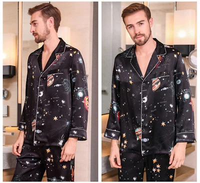 Conjunto de pijama de seda 100 % pura morera para hombre estampado seda ropa de dormir negro Foto 1 de 4