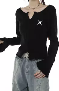 T-Shirt grunge Fairycore donna stampa stella collo a V manica lunga top y2k e ragazza t - Foto 1 di 7