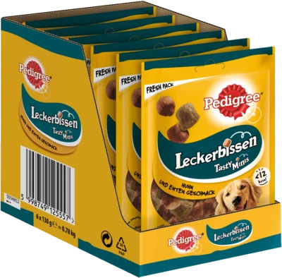 PEDIGREE® Leckerbissen Kau-Happen Portionsbeutel Huhn und Ente 6x130g Snack - Bild 1 von 4