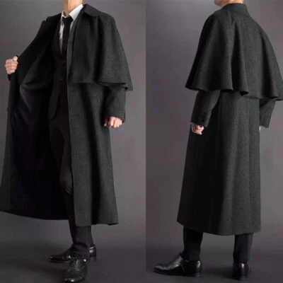 Men Inverness Overcoat with Cape Winter Warm Black Wool Blend Coat Outdoor Wear - Image 1 of 2