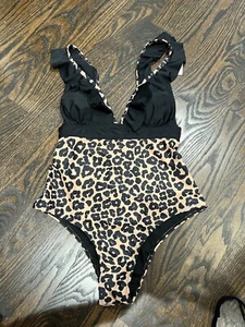 SPORLIKE Women Small Leopard One Piece Swimsuit V-Neck Ruffle Bathing Suit - Picture 1 of 8