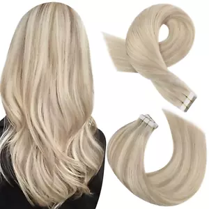Moresoo Tape in Highlighted Hair Extensions Real Human Hair Ash Blonde Mix with - Picture 1 of 12