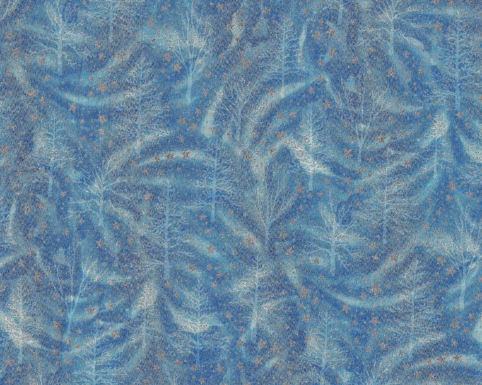 Fabric, Seasons Greetings by Hoffman Metallic Blue w/ Trees Silver by/ HALF yard - Image 1 of 1