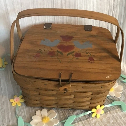 Vintage LONGABERGER LG picnic basket double handles wood pie cake insert Cover