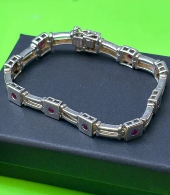 设计师 ELLE 纯银 10 真红宝石网球 925 红宝石手链 7.5 英寸 — 第 1/2 张图片