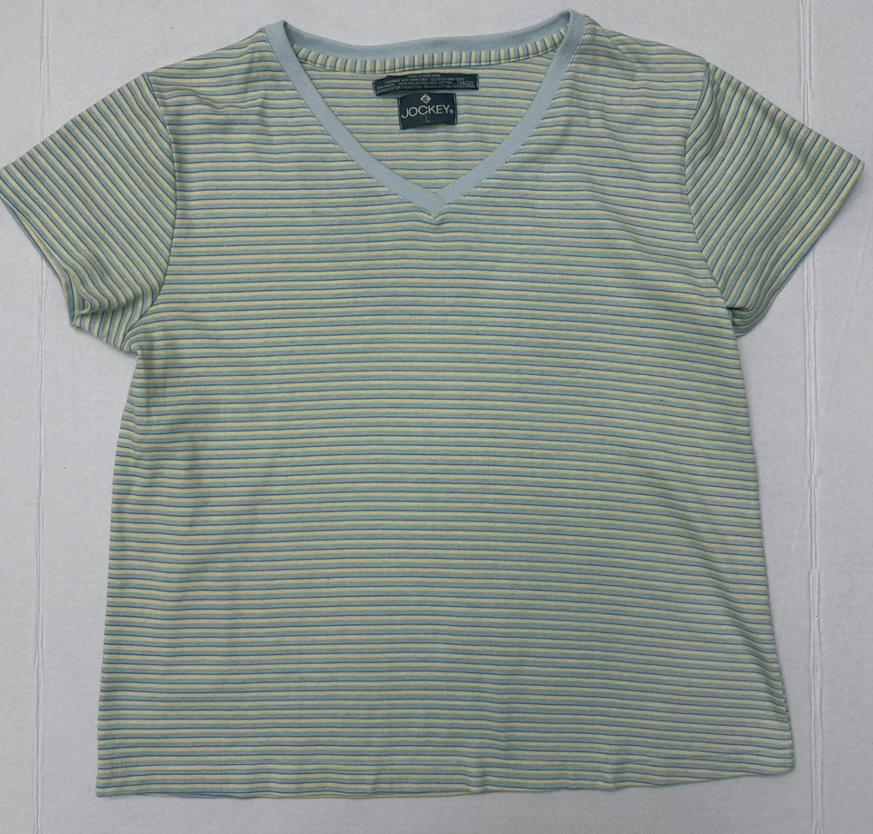 Camiseta feminina GUC Jockey listrada azul e amarela gola V manga curta tamanho G - Imagem 1 de 4