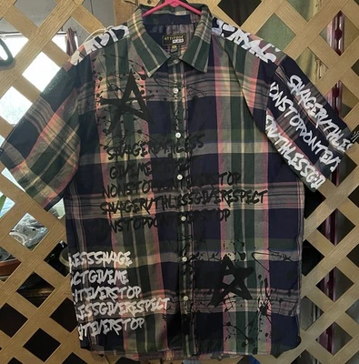 ATTITUDE PLAID Graffiti Print Plaid Button Down Shirt Men's 2XL - Image 1 of 4