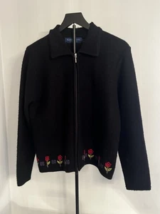 Karen Scott M Pure Wool Black Floral Embroidered Zip Jacket Sweater Australia - Picture 1 of 7