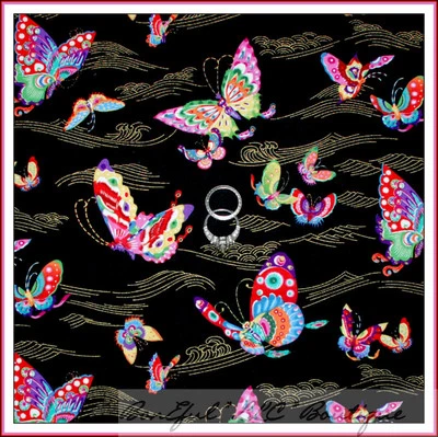 BonEful Fabric Quilt Cotton Rainbow BUTTERFLY Gold Metallic Holiday LAST 1 SCRAP - Image 1 of 4