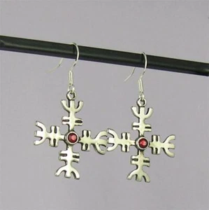 Azteken Kreuz Haken Ohrringe weiß Bronze mit Rubin Swarovski Kristallen baumelt - Bild 1 von 2