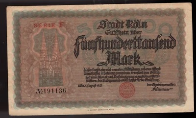 1923 German 500,000 Mark  City of Cologne Koln  Series F. (NICE) #2 - Image 1 of 2