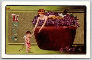 C Ryan Fantasy~Tiny Lady in Bowl of Violets~Hands Out to Cupid~Love~Gold Emboss - Picture 1 of 2