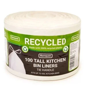 Banquet Recycled Tie Handle Tall Kitchen Bin Liners, 100 Bags - Picture 1 of 2
