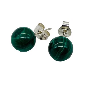 Malachite Sterling Silver Post Round Earrings | 8mm | Green | 1 Pair | - Picture 1 of 9