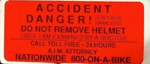 ACCIDENT DANGER HELMET WARNING LABEL VINTAGE SAFETY PARALYSIS CAUTION RED - Picture 1 of 2