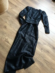 Vintage 80s Black Maxi Floral Dynasty  Jacquard Dress Long Sleeves Fits UK 6 8 - Picture 1 of 10