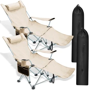 2 Pieces Reclining Camping Chair with Footrest Portable Beach Lounge Chair wi... - Picture 1 of 6