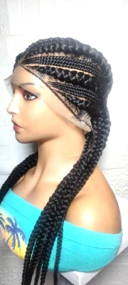 Black Cornrow Braids. Braided Wig Ghana Jumbo Braids Full Lace with Baby Hair - Image 1 of 4