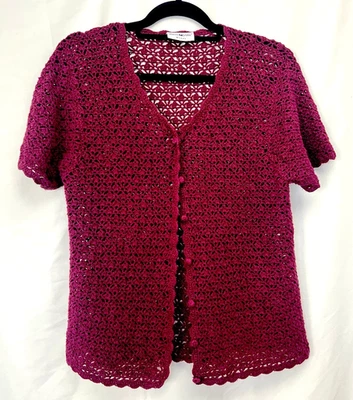 Cárdigan Y2K Whimsigoth Grande Borgoña Crochet Manga Corta Abotonado Foto 1 de 4