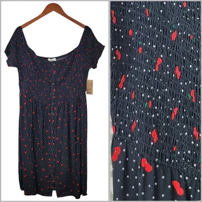 New Just Found Plus Size 3X Shirt Dress Milkmaid Peasant Shirred Cherry Polkadot - Image 1 of 4