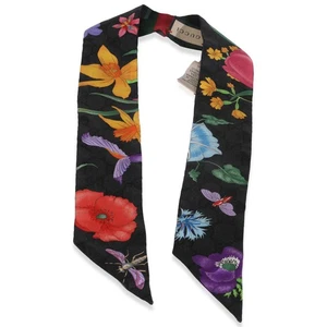Gucci Black Multicolor Silk Twill GG Monogram Floral Twill Ribbon Scarf - Picture 1 of 3