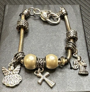 Charm Bracelet silver tone heart clasp Angel Cross religious love beaded - Picture 1 of 13