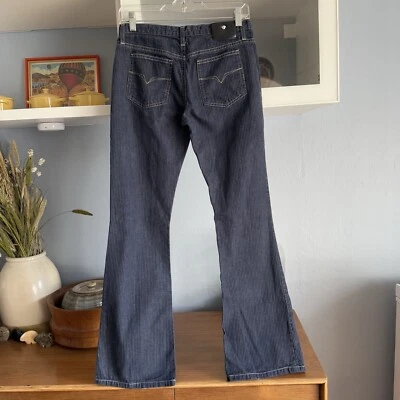 Винтажные джинсы Versace Couture 90-х темно-синие в полоску расклешенные размер 27 - Изображение 1 из 4