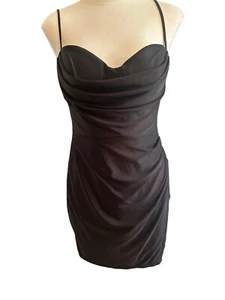 B. Darlin Black Silky 7/8 Spaghetti Sleeve Dress Padded Bodice Ruched Side Zip - Picture 1 of 7