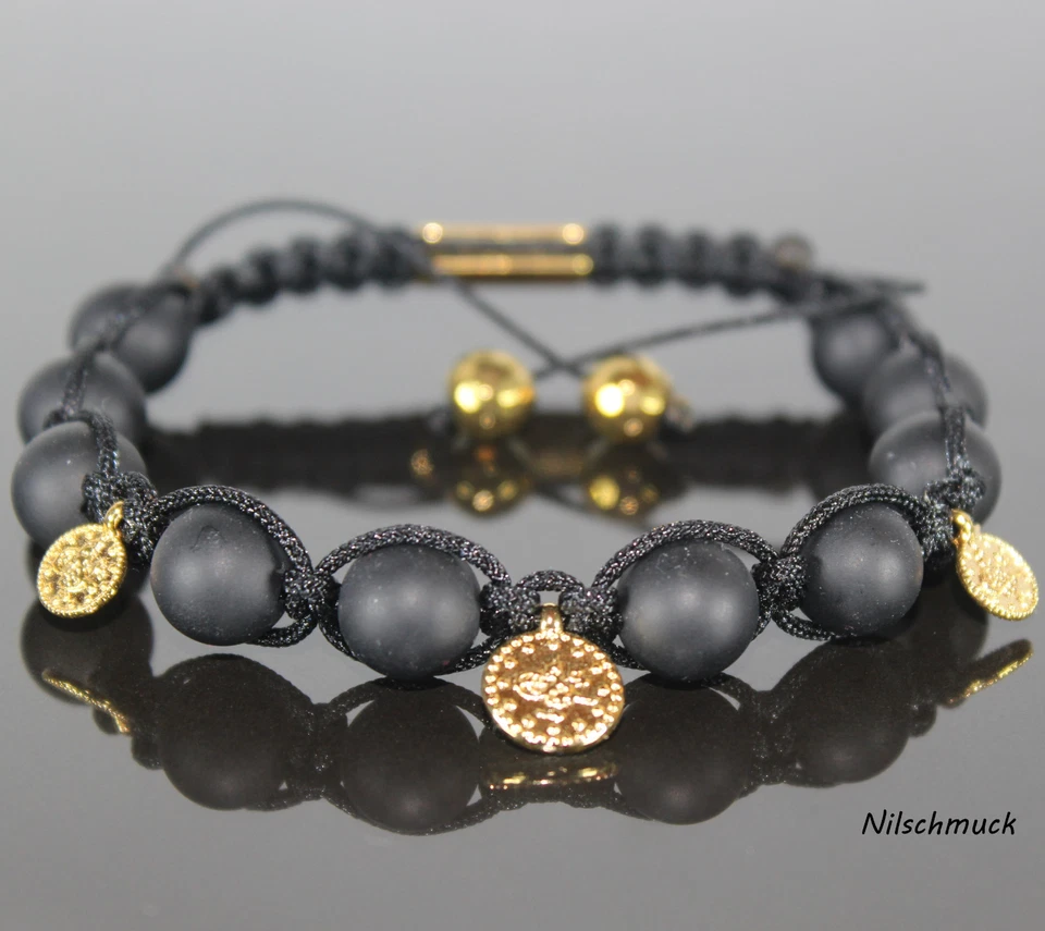 Makramee Armband mit Goldmünzen Matt Onyx Edelstein-Perlen Handgerfertigte Boho - Bild 1 von 1