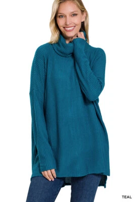 Suéter de gran tamaño tejido térmico gofre cepillado cuello tortuga capucha para mujer Foto 1 de 2