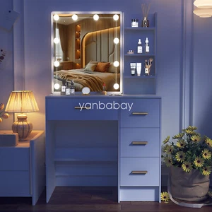 Vanity Desk Set with 10 LED Makeup Mirror Bedroom 4 Drawers Dressing Table White - Picture 1 of 13