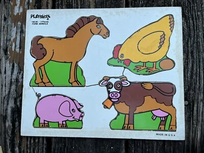 Playskool Farm Animals 4 Pcs Childrens Wood Puzzle Toy #180-05 Vtg 80s Horse Cow - Image 1 of 4