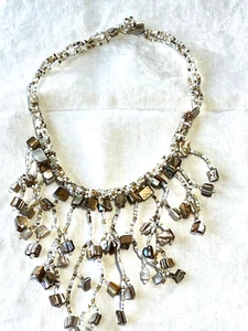 Bali made glass seed bead bib style necklace 18" white gold bronze MOP chips #10 - Picture 1 of 4