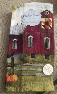 Set Of 2 Cotton Fall Red Barn Scene And Plaid Farmhouse Kitchen Towels - Picture 1 of 3