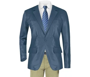 Mens Navy Blue Real Lambhide Leather Blazer Formal Business Dinner Outfit Jacket - Picture 1 of 8
