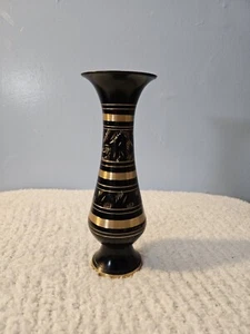 Vintage Hand Etched Black & Brass Tone Vase 10 Inches - Picture 1 of 3