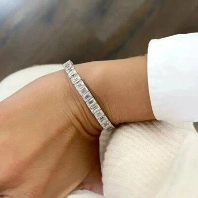 White Treated Diamond Tennis Bracelet 7.50 Inches Emerald Cut VVS1 Certified - Image 1 of 4