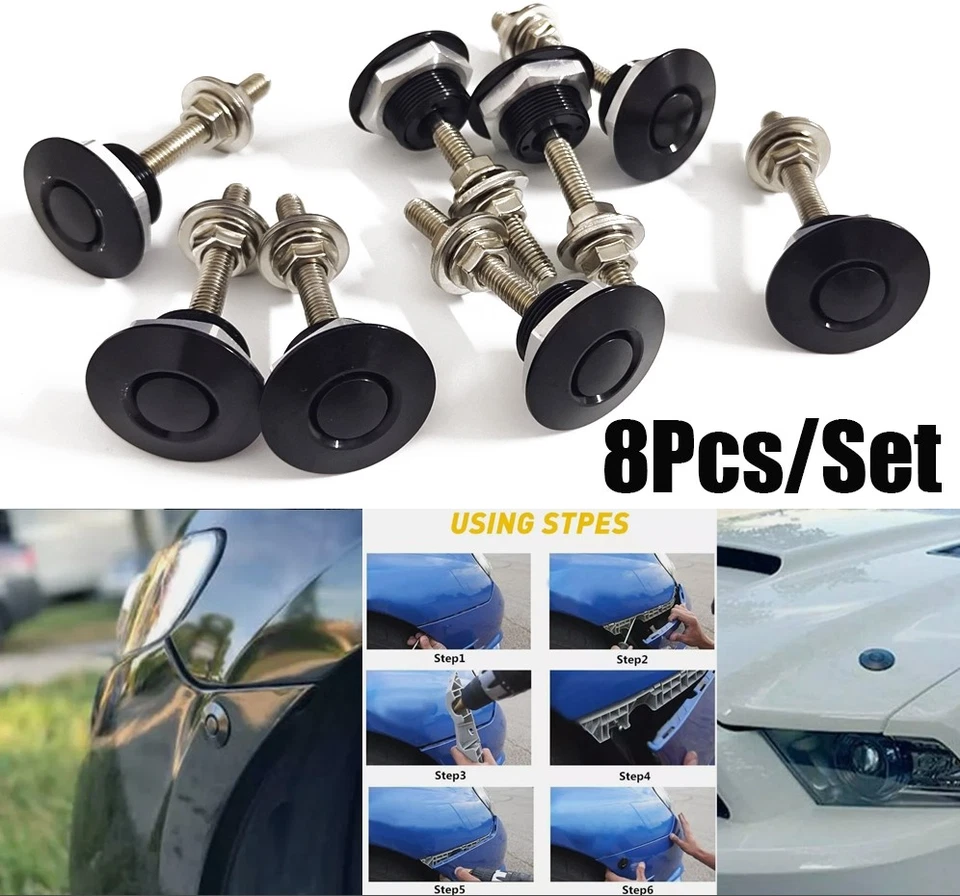 8 piezas Botón de liberación rápida Capucha Capó Pasadores Clip de bloqueo Pestillo de parachoques de coche Negro Foto 1 de 4