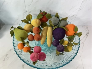 Vintage MCM Samt Obst Ornamente mit Blättern an Kunststoffketten mit Haken ~ 12 Stück - Bild 1 von 17