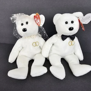 Ty Beanie Babies Mr. & Mrs. Bride and Groom Wedding Bears Blanco 2001 RARO RETIRADO - Imagen 1 de 9