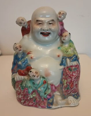 Antique Chinese Famille Rose Laughing Buddha with Children - By Wei Hongtai - Image 1 of 4