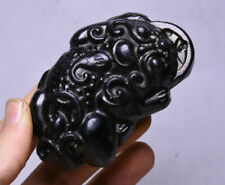 8CM Old China Black Jade Carving Feng Shui Golden Toad Spittor Wealth Statue