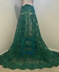 2 Yard Kelly Green Embroidery Iridescent Sequins Lace Fabric 50” Width - Picture 1 of 5