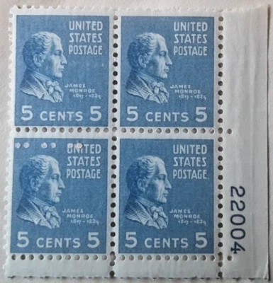 1938 US Stamp 5 cent/5c Scott #810 James Monroe, Plate # 22004 (x4) MNH Env#1 - Image 1 of 2