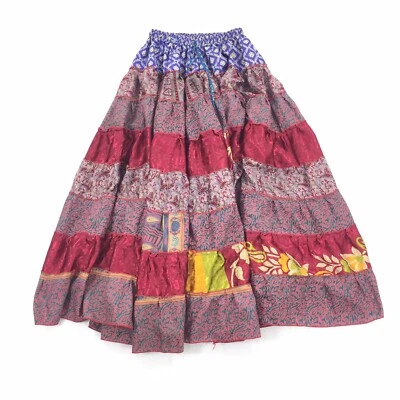 Falda Larga Línea A Estilo Gitano Retazos Hecha a Mano Talla Única Rojo Azul Bohemia Foto 1 de 4