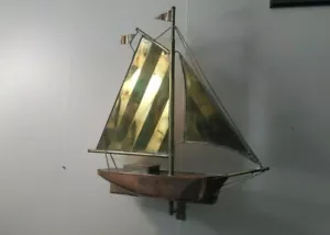 3-D SAILBOAT/SLOOP COPPER /BRASS WEATHERVANE TOP WITH BRASS DISPLAY WALL MOUNT - Picture 1 of 4