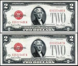 Hgr Sunday 1928G $2 Legal Tender (2 Consecutive#) Appears Gem Uncirculated