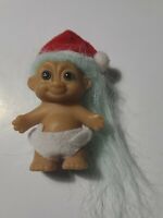 Russ Troll Doll Light Blue Hair & Santa Hat Baby with Diaper 2" Christmas Xmas
