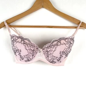 Annalise Push Up Bra Size 10DD Pink Black Floral Lace Heart Charm Bow Strappy - Picture 1 of 9
